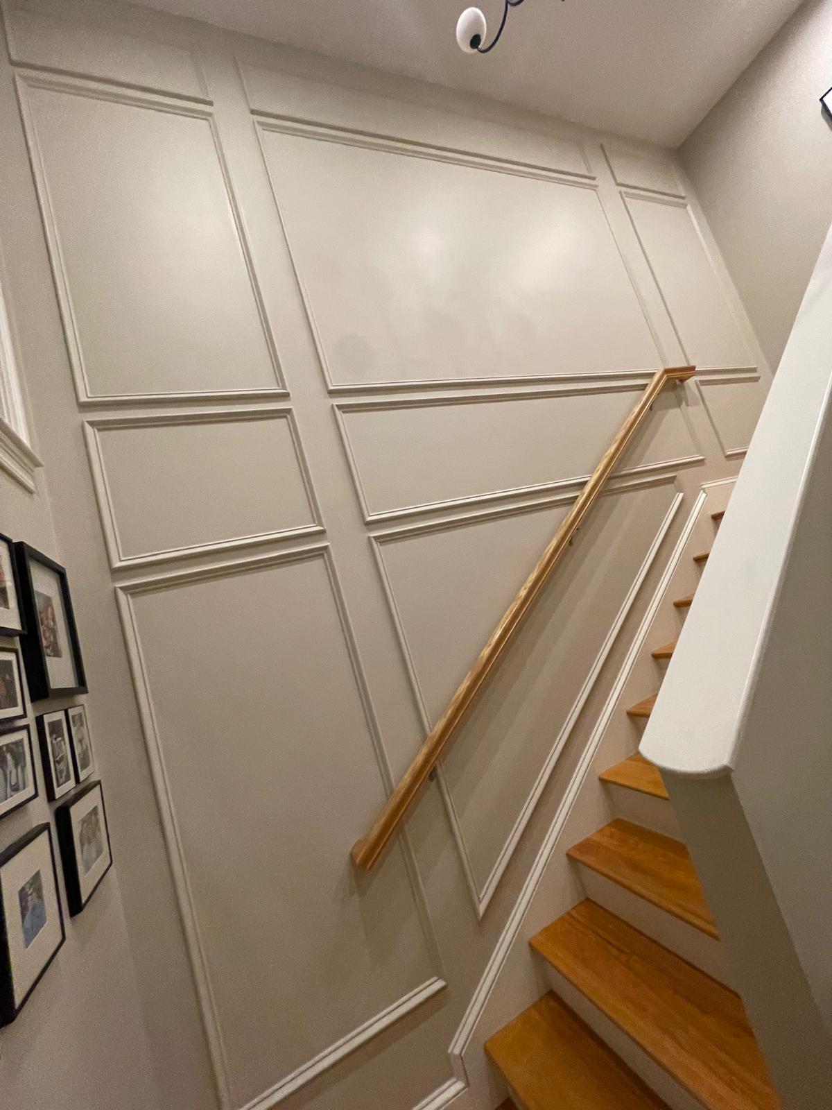 Before and after photo of decorative drywall grid pattern on wall by Victor's Finish Work